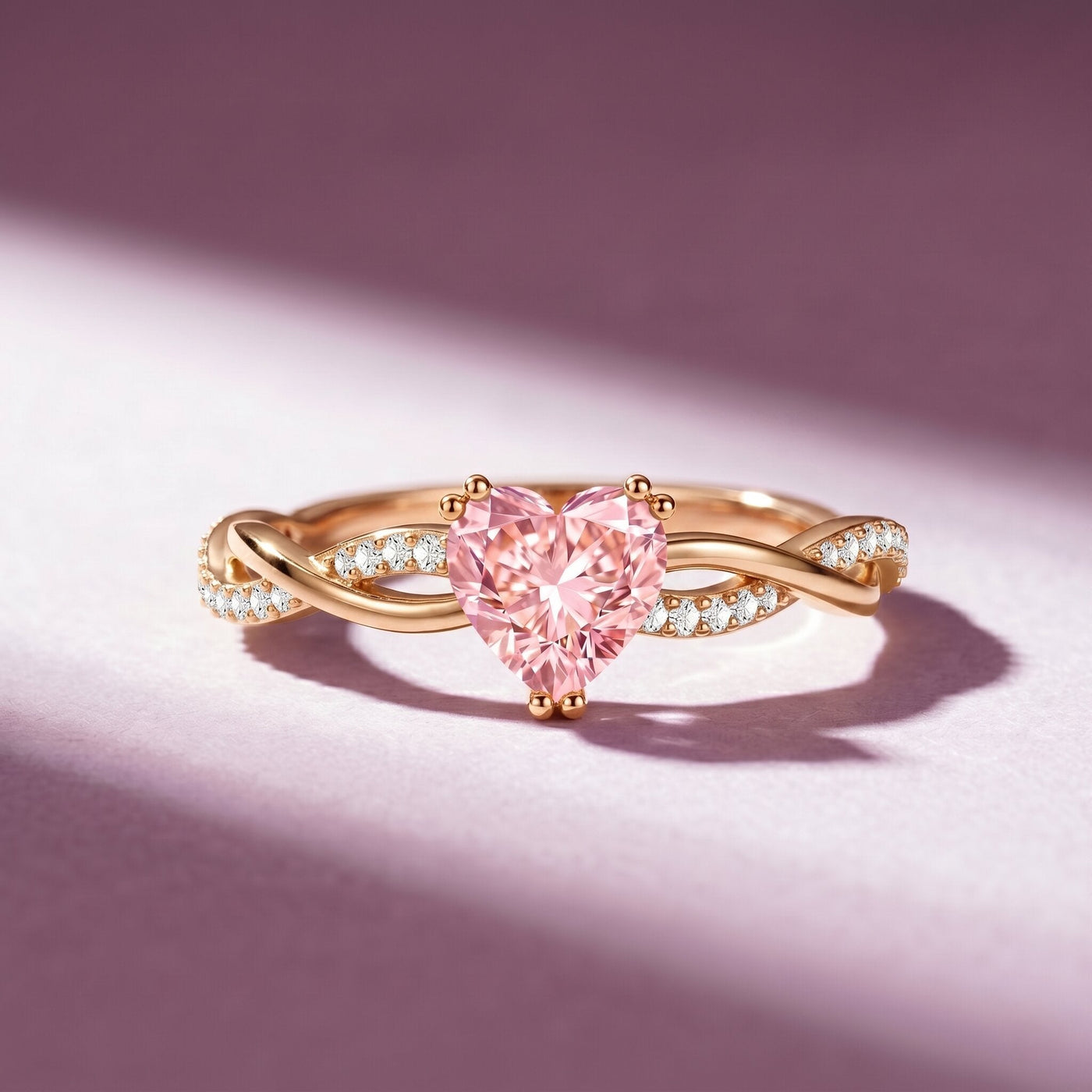 1 CT Lab Grown Pink Diamond Heart Engagement Ring with Crossover Shank Rosec Jewels