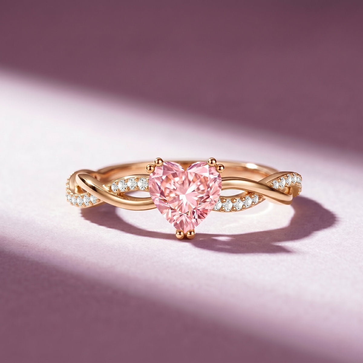 1 CT Lab Grown Pink Diamond Heart Engagement Ring with Crossover Shank Rosec Jewels