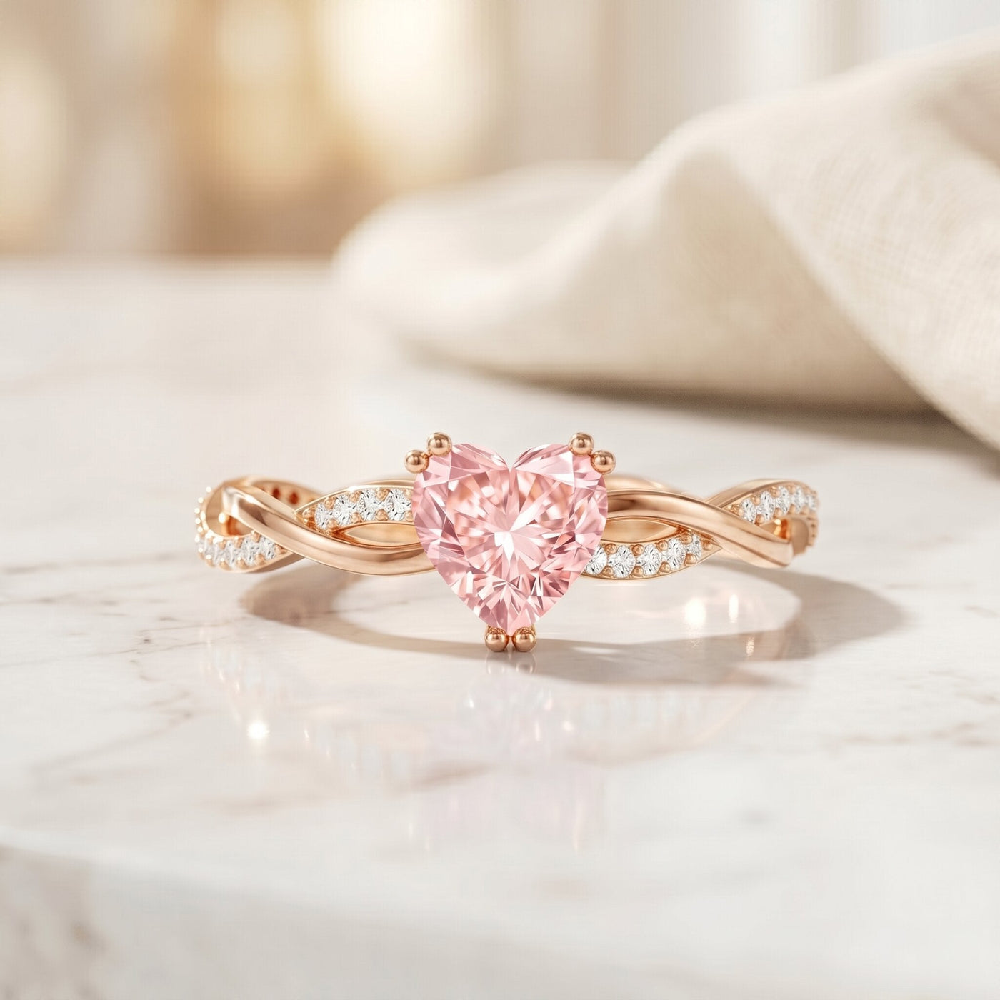 1 CT Lab Grown Pink Diamond Heart Engagement Ring with Crossover Shank Rosec Jewels