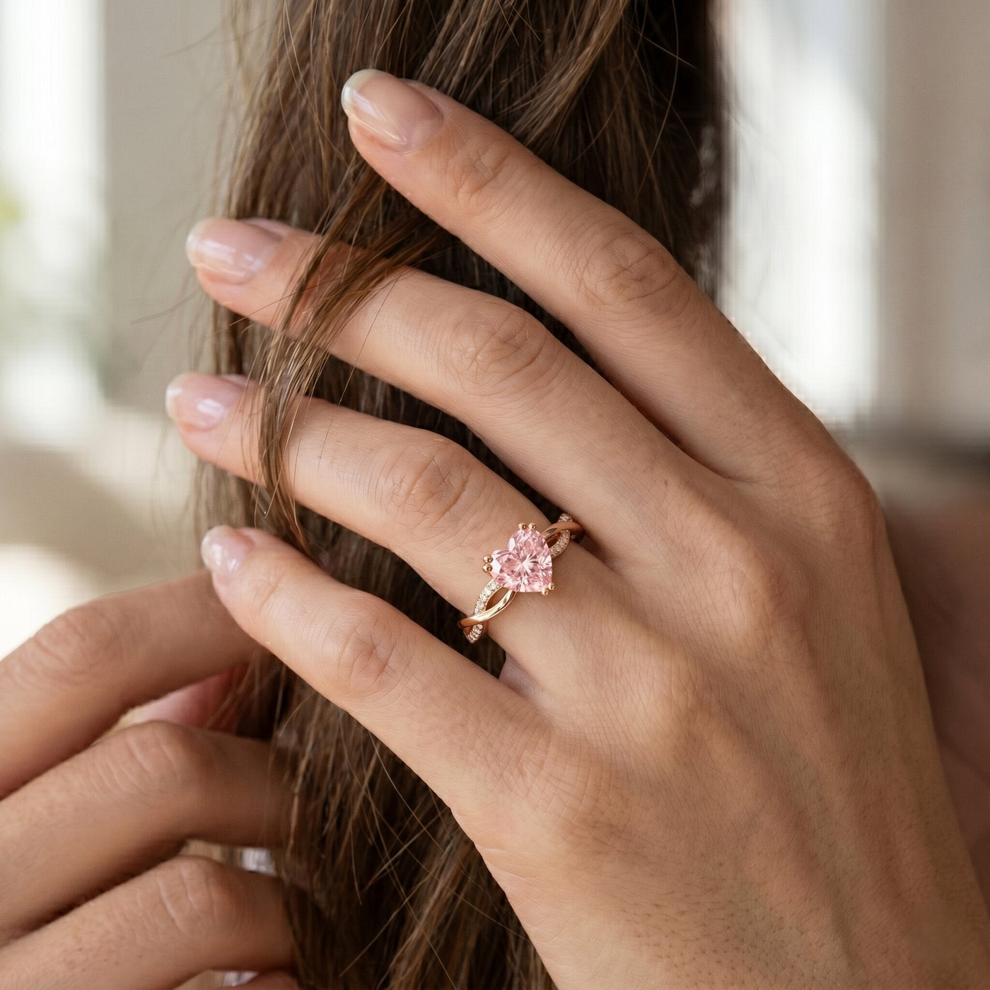 1 CT Lab Grown Pink Diamond Heart Engagement Ring with Crossover Shank Rosec Jewels