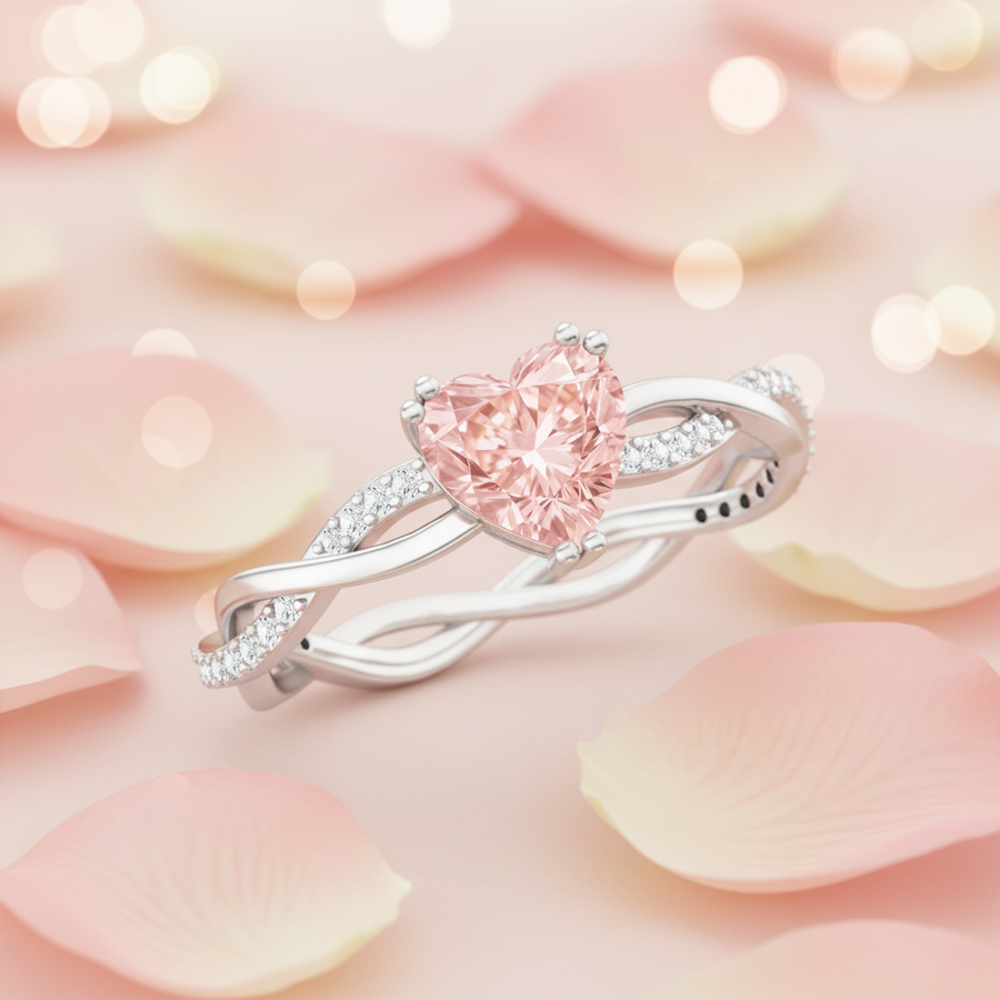 1 CT Lab Grown Pink Diamond Heart Engagement Ring with Crossover Shank
