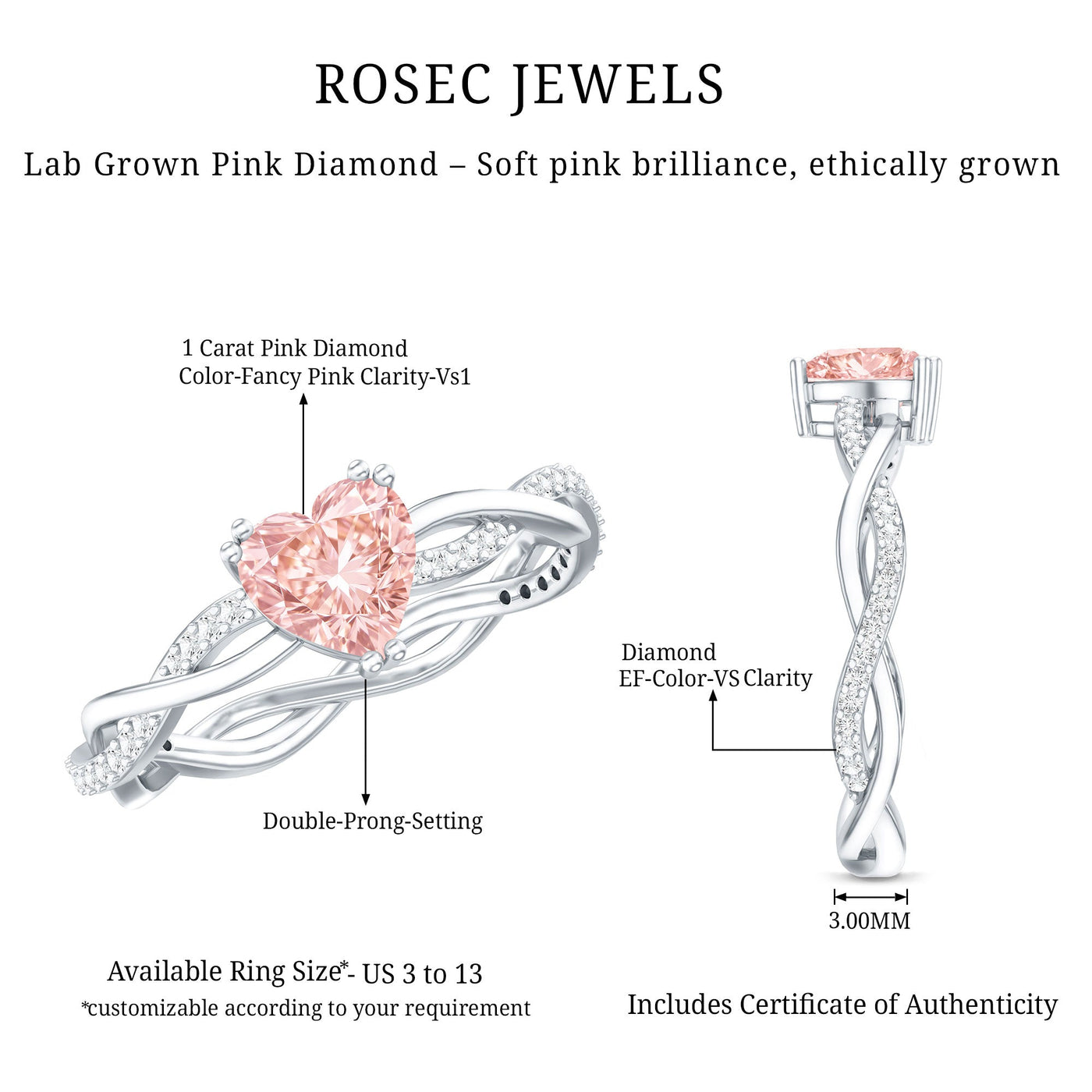 1 CT Lab Grown Pink Diamond Heart Engagement Ring with Crossover Shank Rosec Jewels
