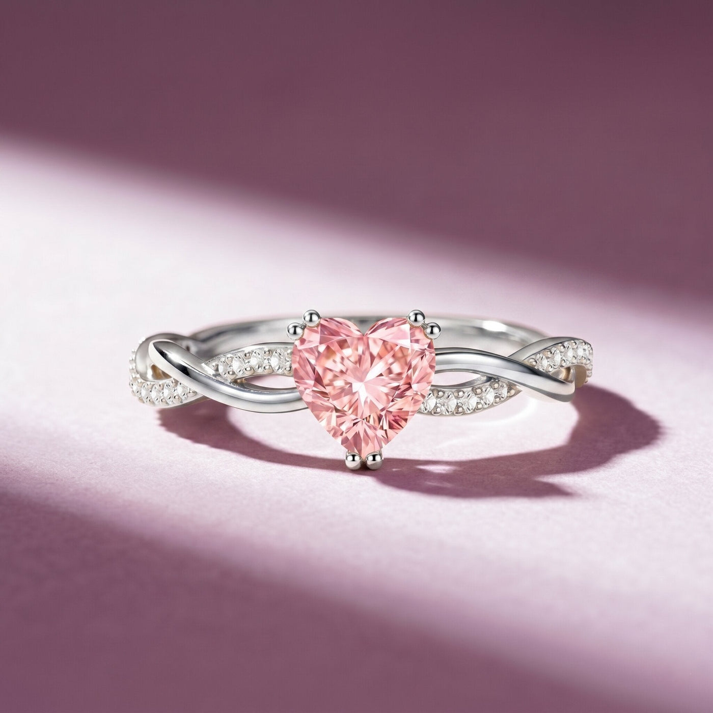 1 CT Lab Grown Pink Diamond Heart Engagement Ring with Crossover Shank Rosec Jewels