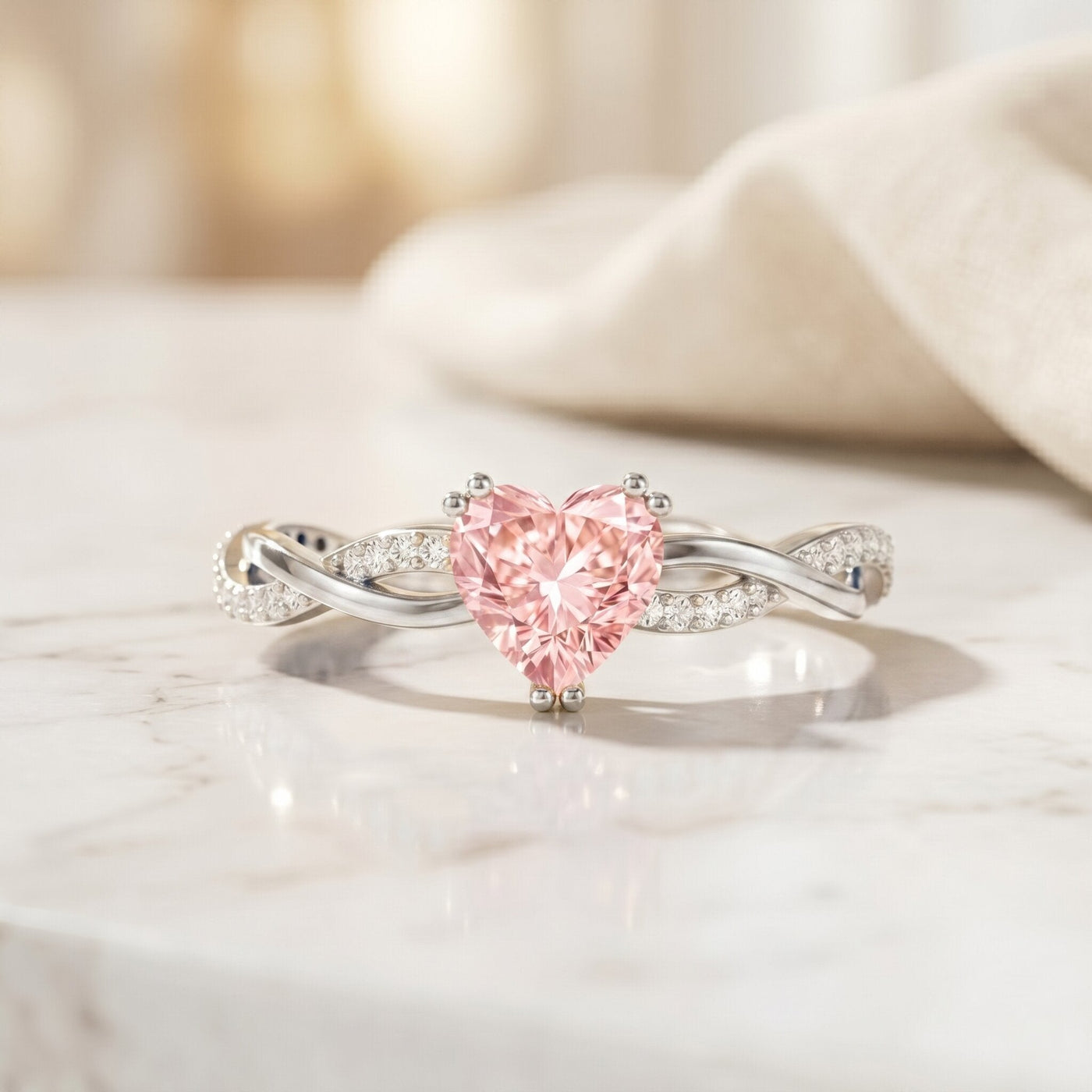 1 CT Lab Grown Pink Diamond Heart Engagement Ring with Crossover Shank Rosec Jewels