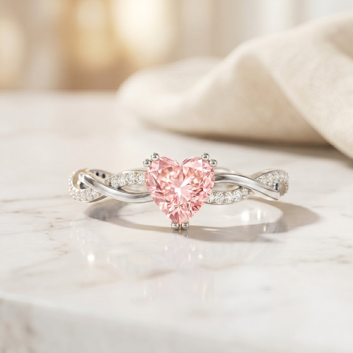1 CT Lab Grown Pink Diamond Heart Engagement Ring with Crossover Shank Rosec Jewels