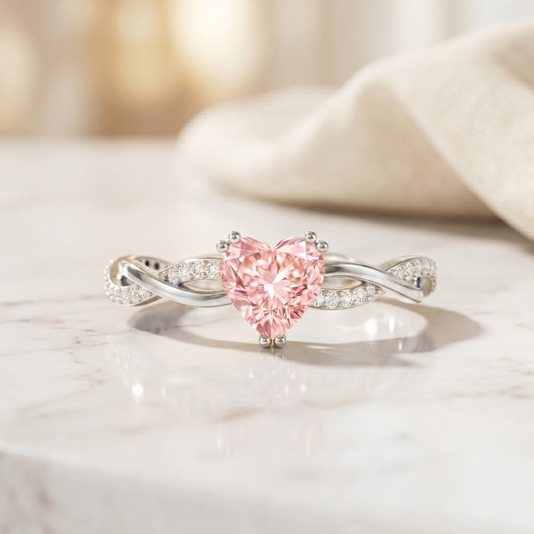 1 CT Lab Grown Pink Diamond Heart Engagement Ring with Crossover Shank Rosec Jewels