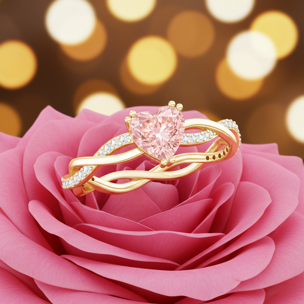 1 CT Lab Grown Pink Diamond Heart Engagement Ring with Crossover Shank Rosec Jewels