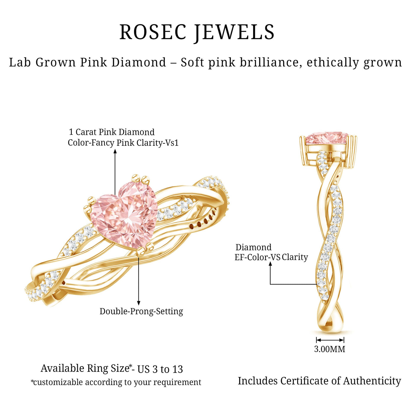 1 CT Lab Grown Pink Diamond Heart Engagement Ring with Crossover Shank Rosec Jewels