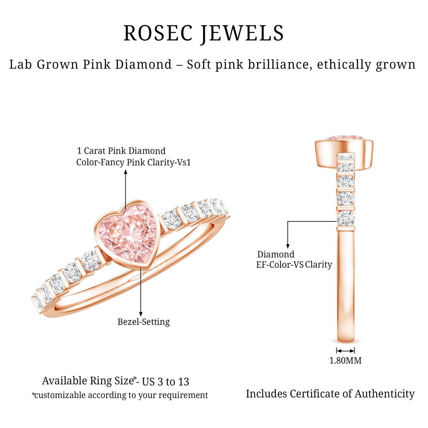 IGI Certified 1 CT Lab Grown Pink Diamond Heart Engagement Ring with Side Stones Rosec Jewels