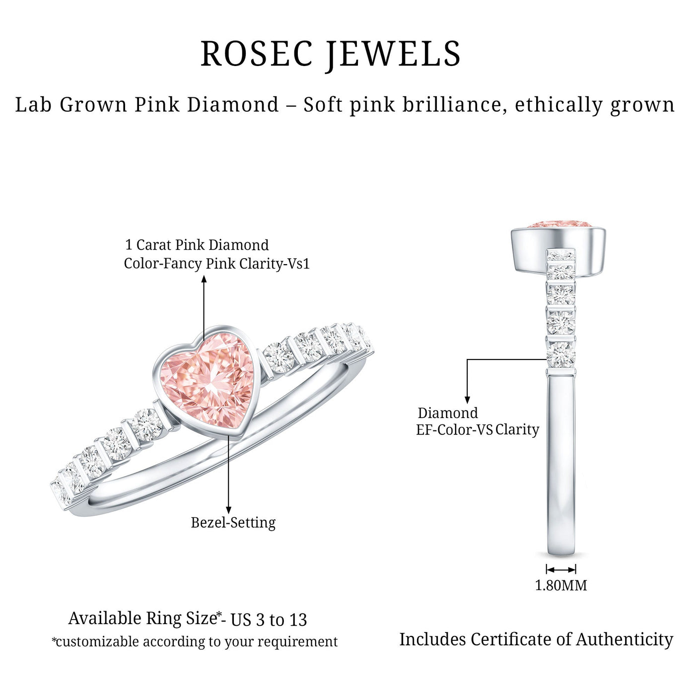 IGI Certified 1 CT Lab Grown Pink Diamond Heart Engagement Ring with Side Stones Rosec Jewels