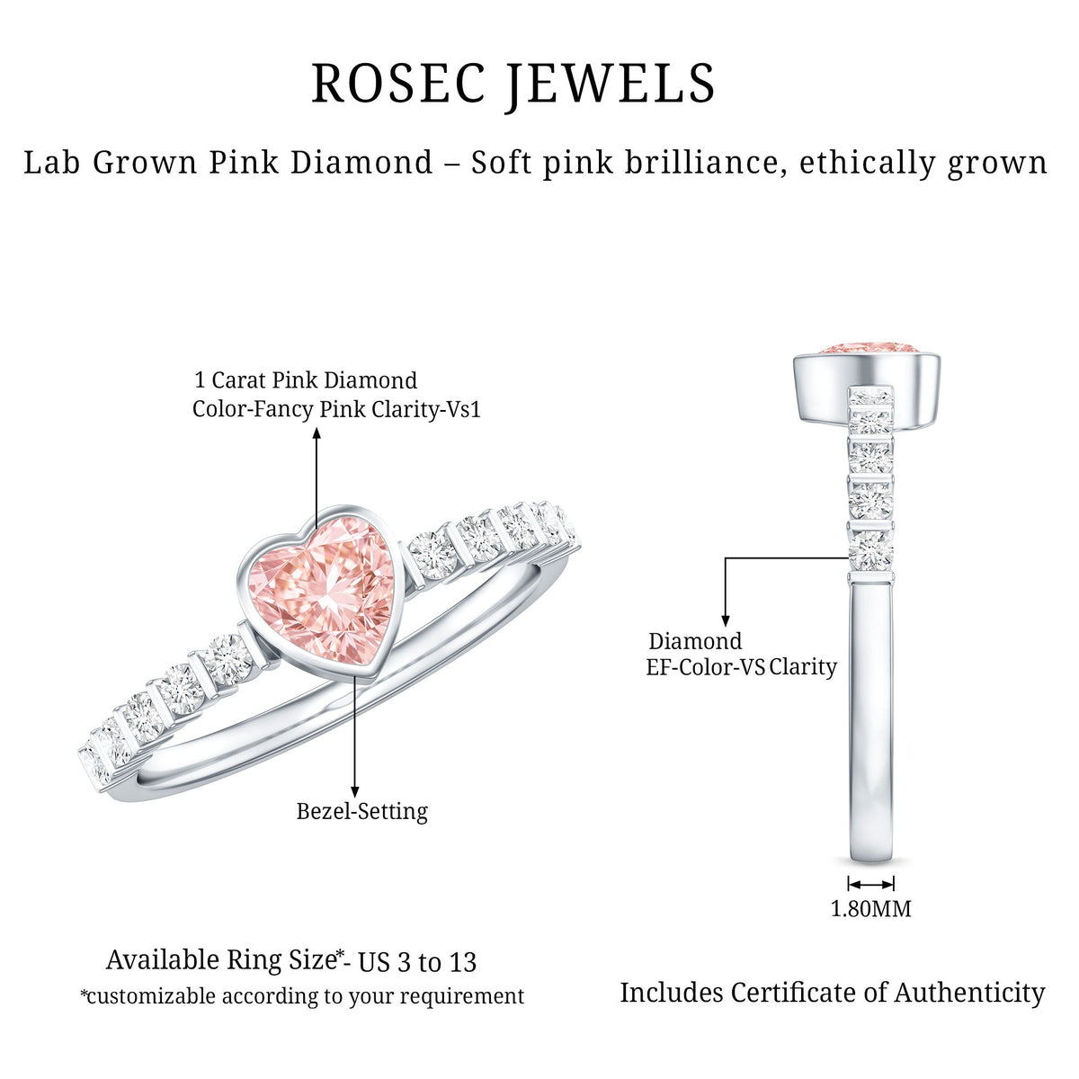 IGI Certified 1 CT Lab Grown Pink Diamond Heart Engagement Ring with Side Stones Rosec Jewels