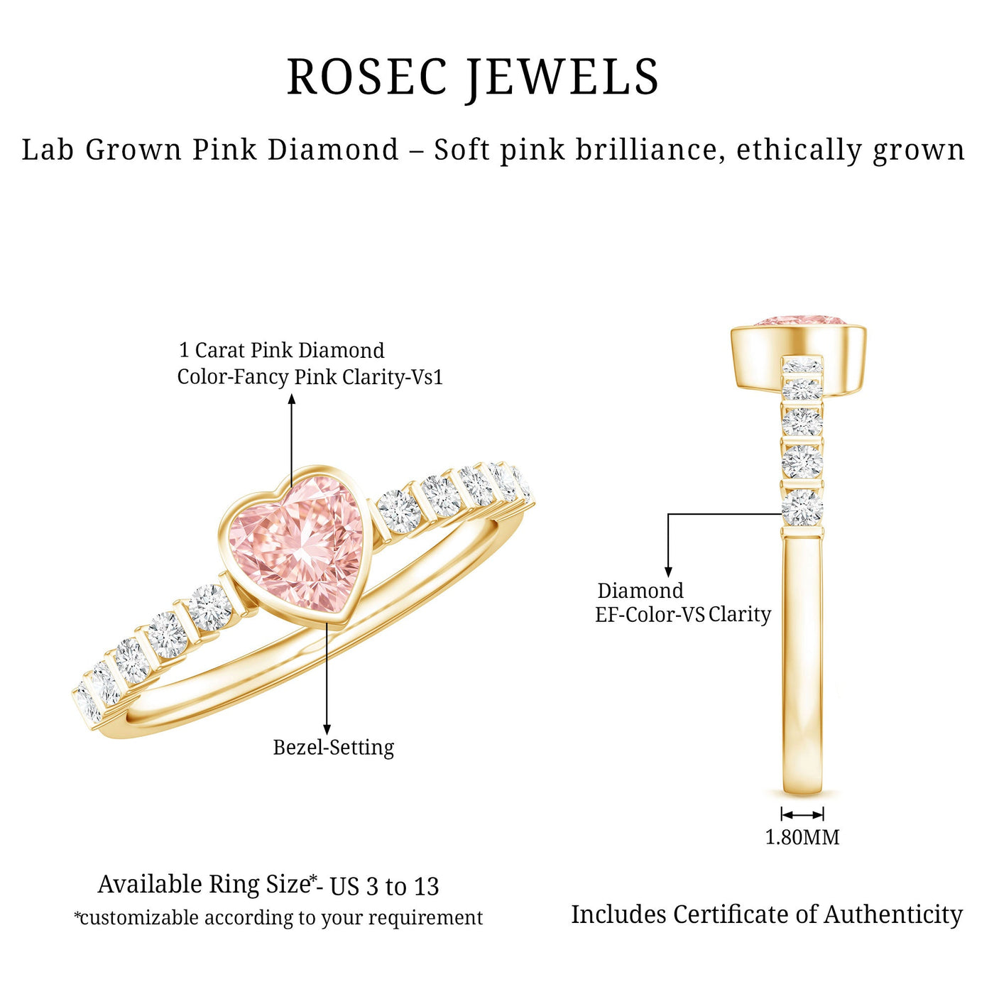 IGI Certified 1 CT Lab Grown Pink Diamond Heart Engagement Ring with Side Stones Rosec Jewels