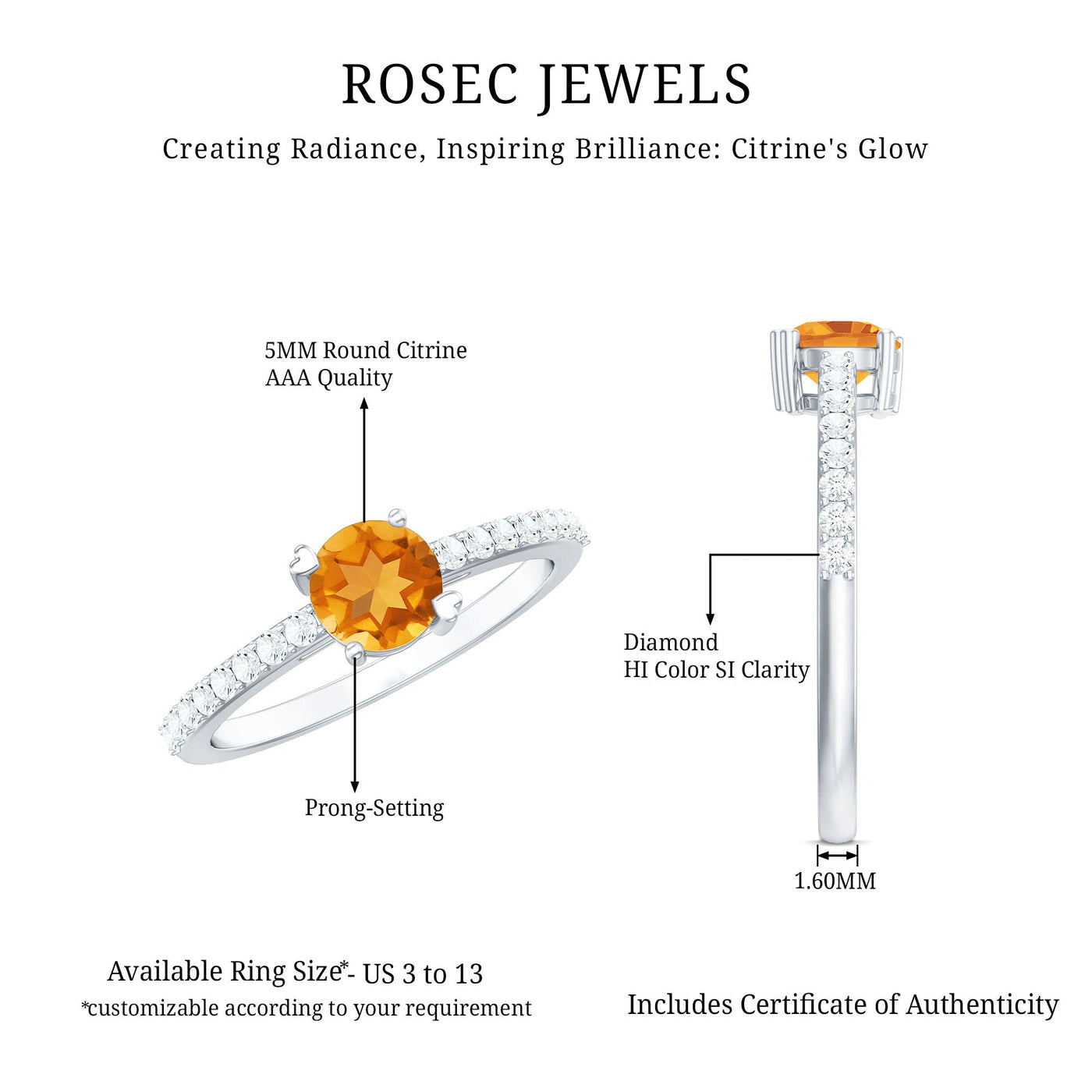 Natural Citrine Promise Ring with Diamond Rosec Jewels