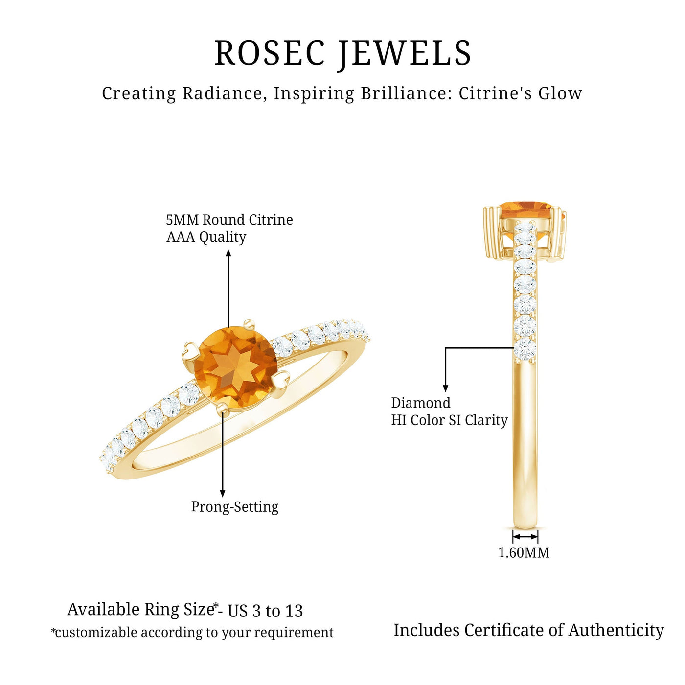 Natural Citrine Promise Ring with Diamond Rosec Jewels