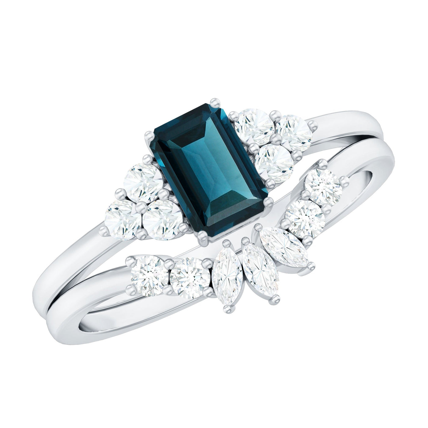 0.7 Carat Emerald Cut London Blue Topaz Designer Bridal Ring Set with Diamond Rosec Jewels