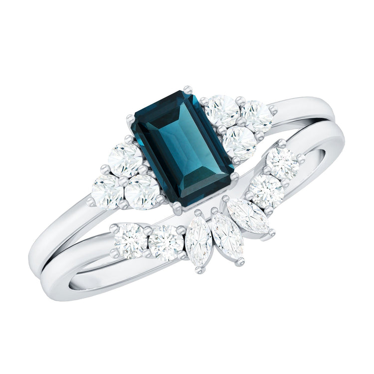 0.7 Carat Emerald Cut London Blue Topaz Designer Bridal Ring Set with Diamond Rosec Jewels