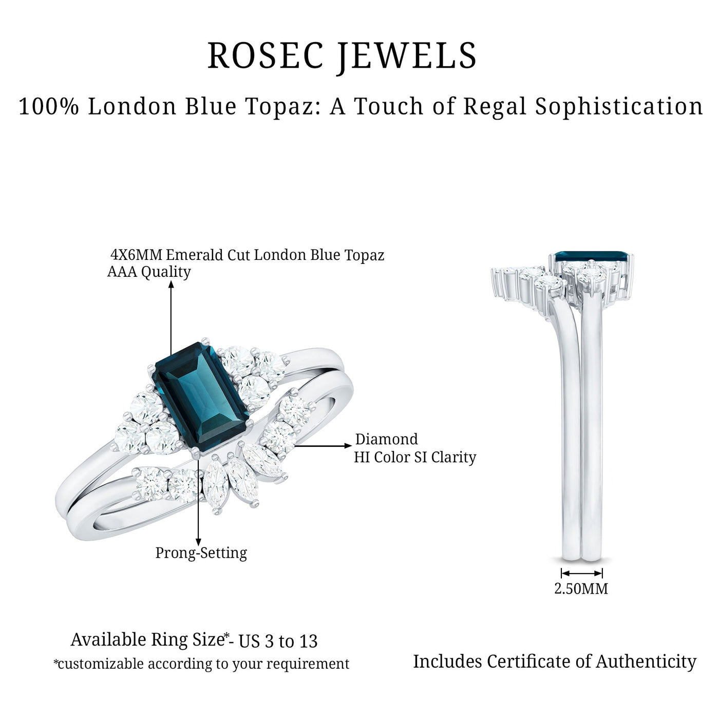0.7 Carat Emerald Cut London Blue Topaz Designer Bridal Ring Set with Diamond Rosec Jewels
