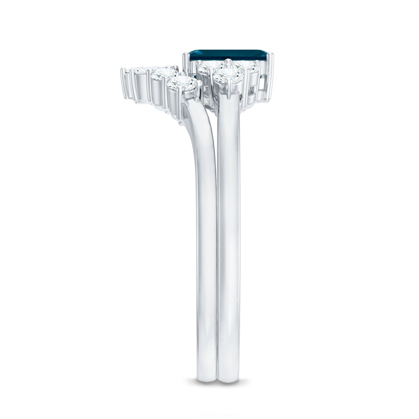 0.7 Carat Emerald Cut London Blue Topaz Designer Bridal Ring Set with Diamond Rosec Jewels