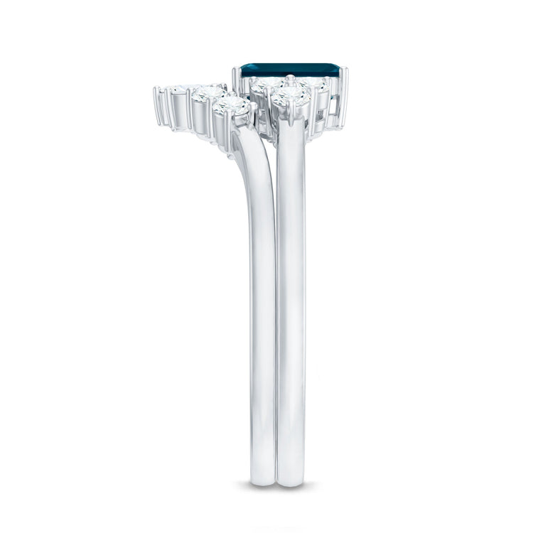 0.7 Carat Emerald Cut London Blue Topaz Designer Bridal Ring Set with Diamond Rosec Jewels