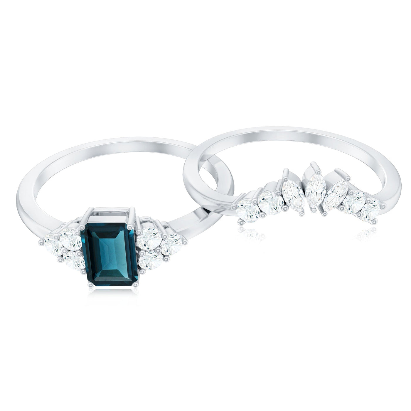 0.7 Carat Emerald Cut London Blue Topaz Designer Bridal Ring Set with Diamond Rosec Jewels
