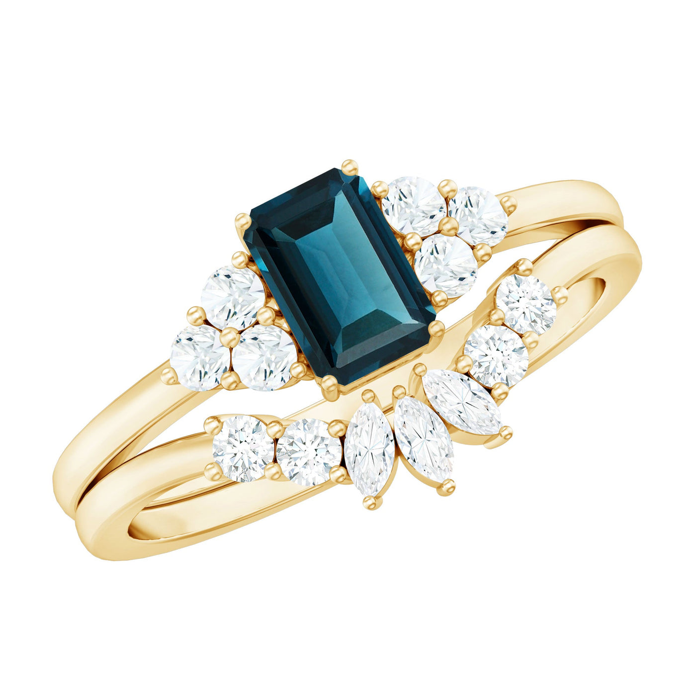 0.7 Carat Emerald Cut London Blue Topaz Designer Bridal Ring Set with Diamond Rosec Jewels