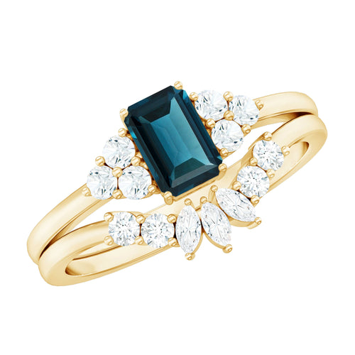 0.7 Carat Emerald Cut London Blue Topaz Designer Bridal Ring Set with Diamond Rosec Jewels