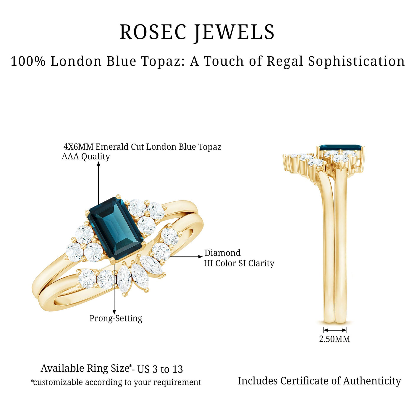 0.7 Carat Emerald Cut London Blue Topaz Designer Bridal Ring Set with Diamond Rosec Jewels