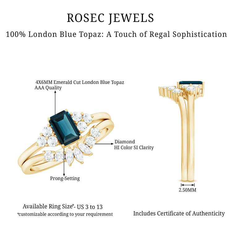 0.7 Carat Emerald Cut London Blue Topaz Designer Bridal Ring Set with Diamond Rosec Jewels