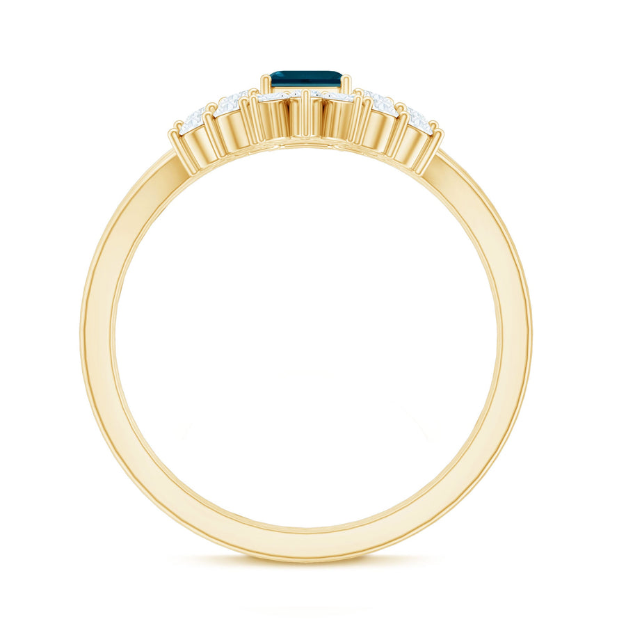 0.7 Carat Emerald Cut London Blue Topaz Designer Bridal Ring Set with Diamond