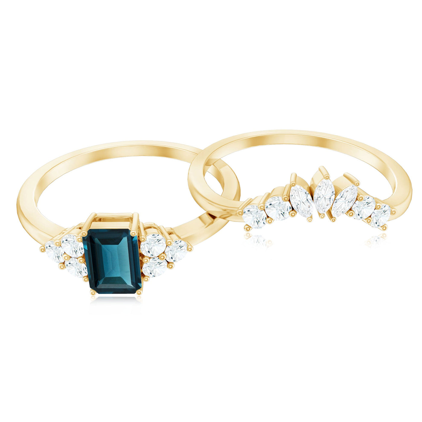0.7 Carat Emerald Cut London Blue Topaz Designer Bridal Ring Set with Diamond Rosec Jewels