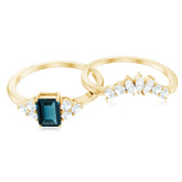 0.7 Carat Emerald Cut London Blue Topaz Designer Bridal Ring Set with Diamond Rosec Jewels