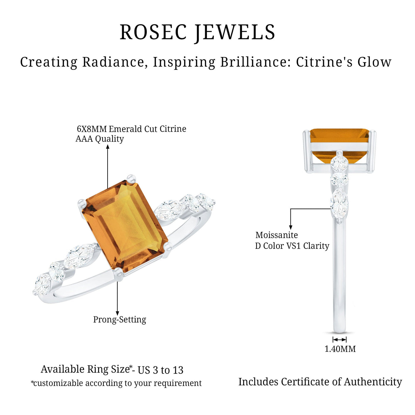 Certified Real Citrine Emerald Cut Engagement Ring with Diamond Rosec Jewels