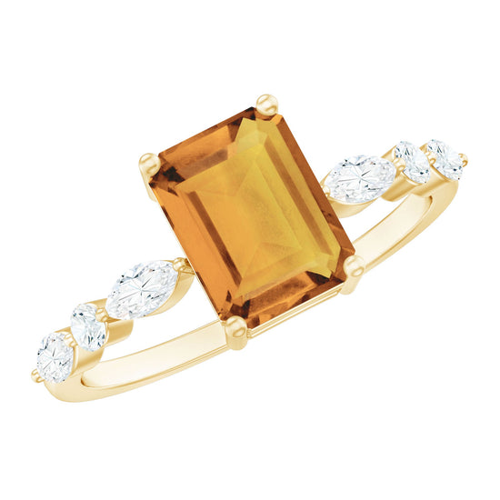 Certified Real Citrine Emerald Cut Engagement Ring with Diamond Rosec Jewels