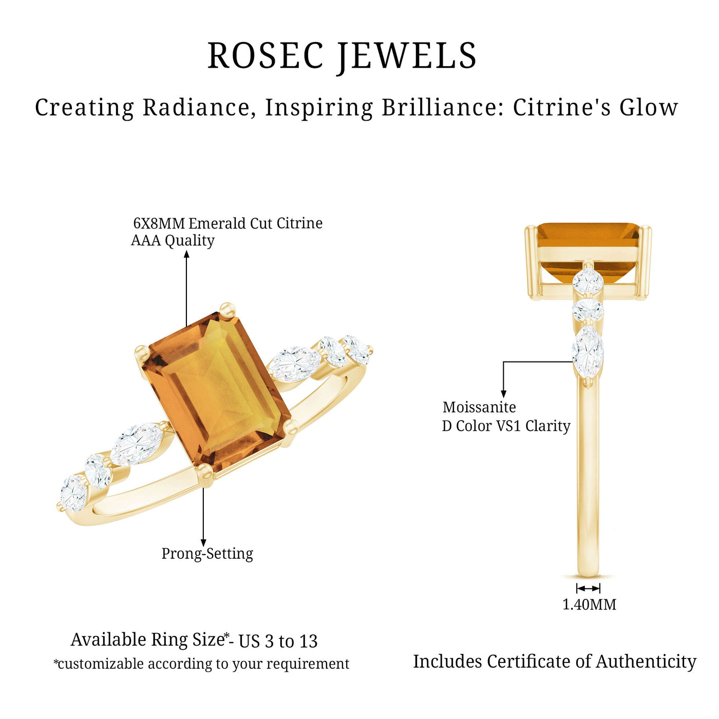 Certified Real Citrine Emerald Cut Engagement Ring with Diamond Rosec Jewels