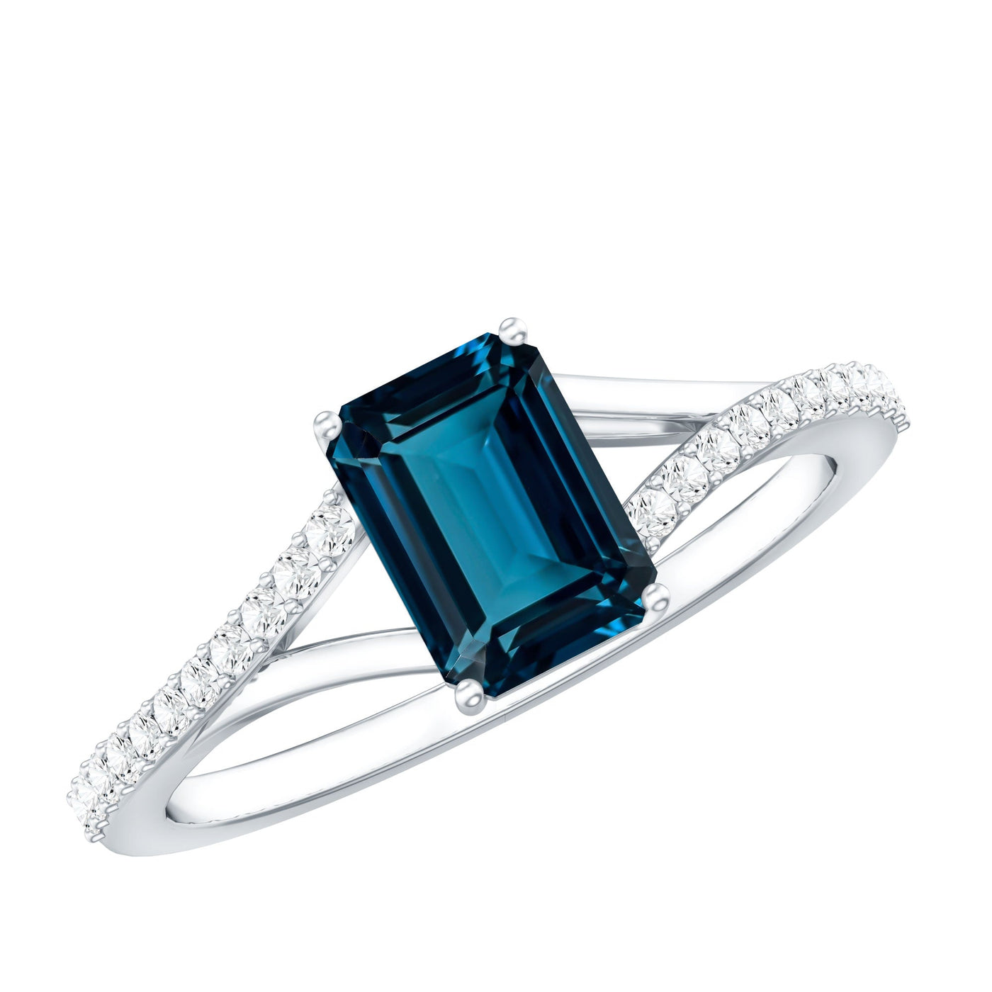 2.2 Carat Emerald Cut London Blue Topaz Split Shank Engagement Ring with Diamond Rosec Jewels