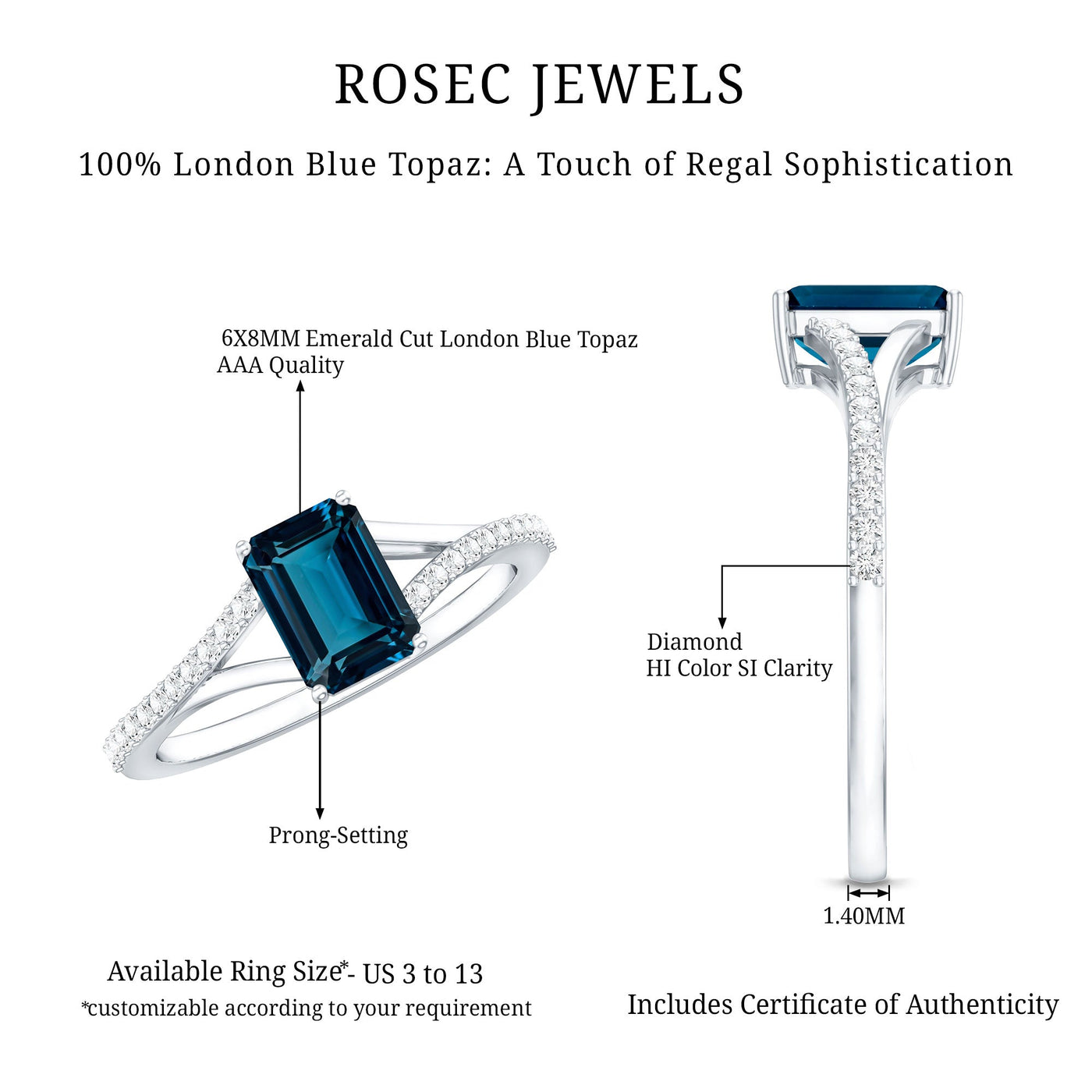 2.2 Carat Emerald Cut London Blue Topaz Split Shank Engagement Ring with Diamond Rosec Jewels