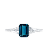 2.2 Carat Emerald Cut London Blue Topaz Split Shank Engagement Ring with Diamond Rosec Jewels