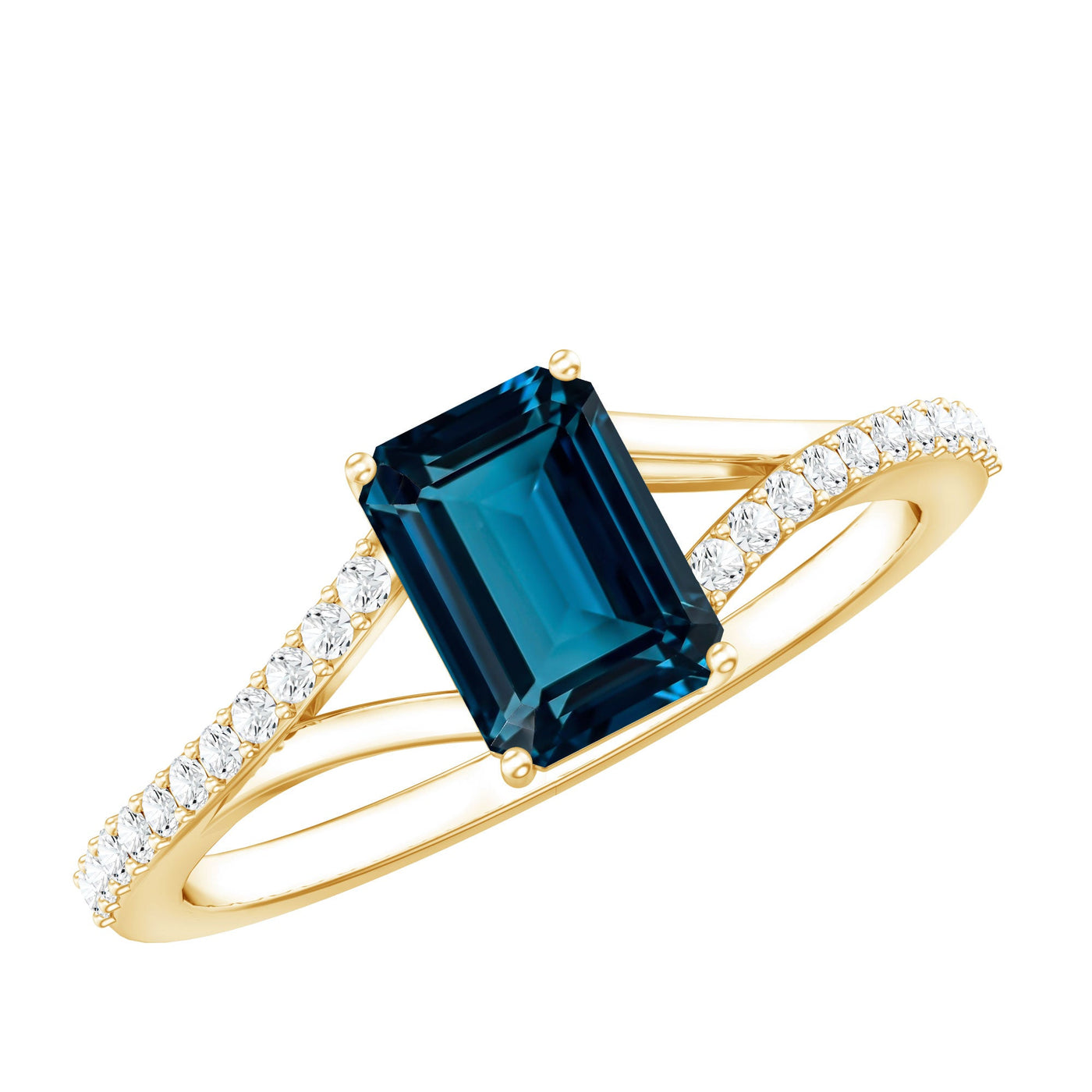 2.2 Carat Emerald Cut London Blue Topaz Split Shank Engagement Ring with Diamond Rosec Jewels