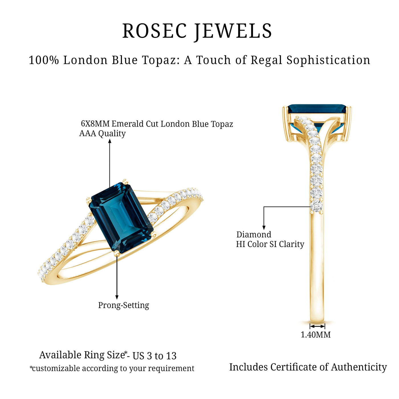 2.2 Carat Emerald Cut London Blue Topaz Split Shank Engagement Ring with Diamond Rosec Jewels