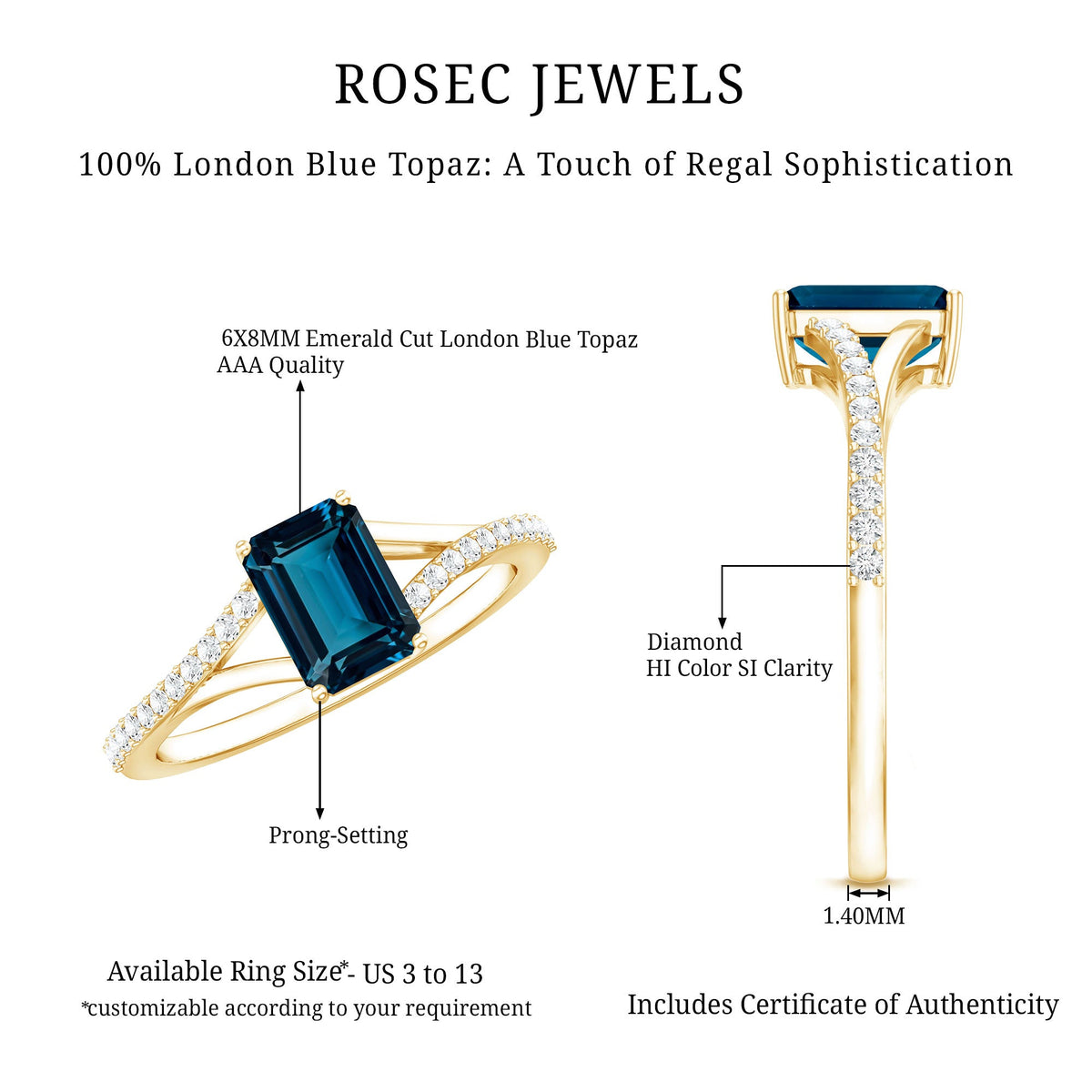 2.2 Carat Emerald Cut London Blue Topaz Split Shank Engagement Ring with Diamond Rosec Jewels