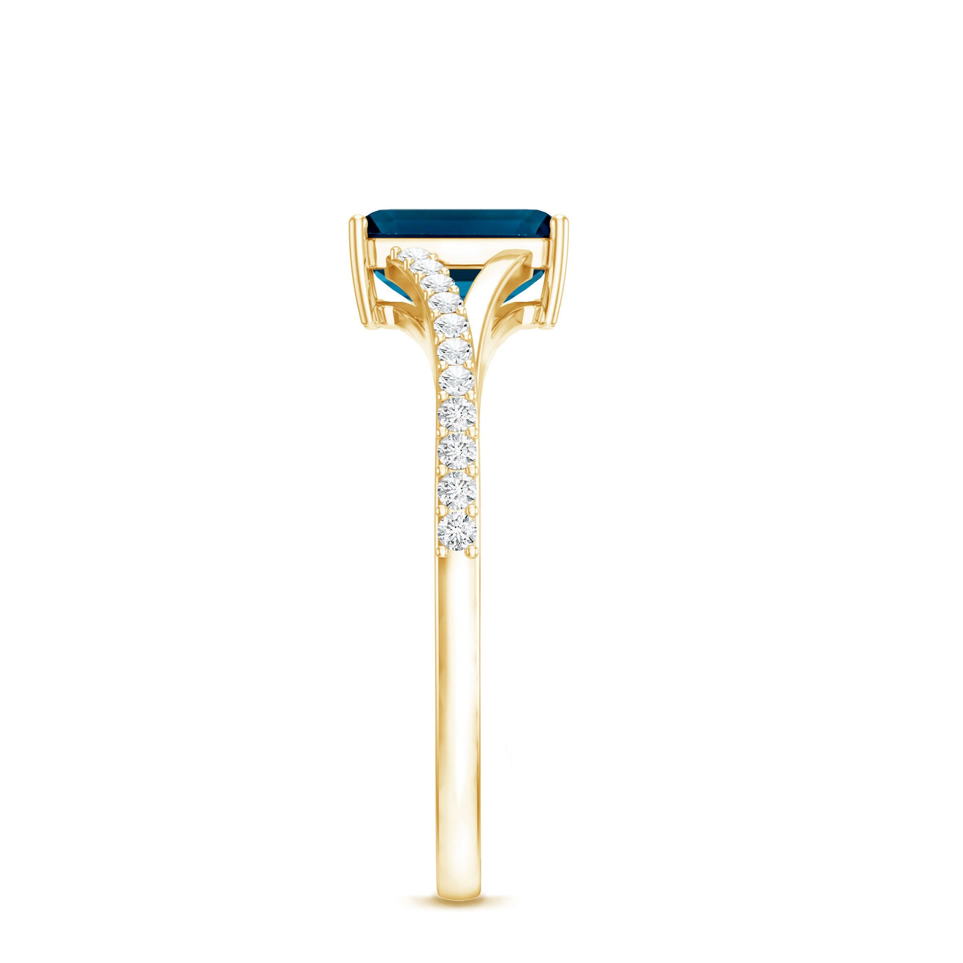 2.2 Carat Emerald Cut London Blue Topaz Split Shank Engagement Ring with Diamond Rosec Jewels
