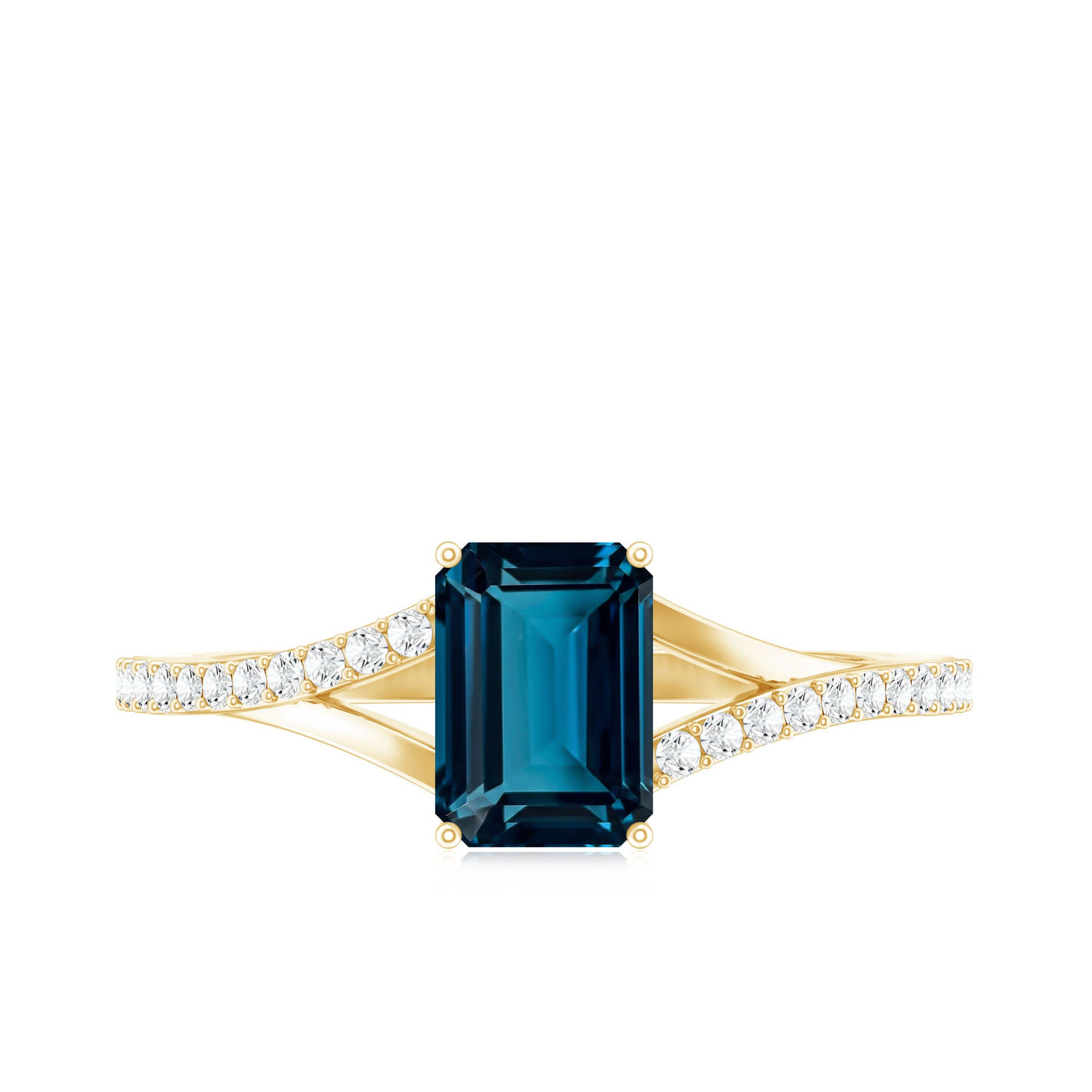 2.2 Carat Emerald Cut London Blue Topaz Split Shank Engagement Ring with Diamond Rosec Jewels