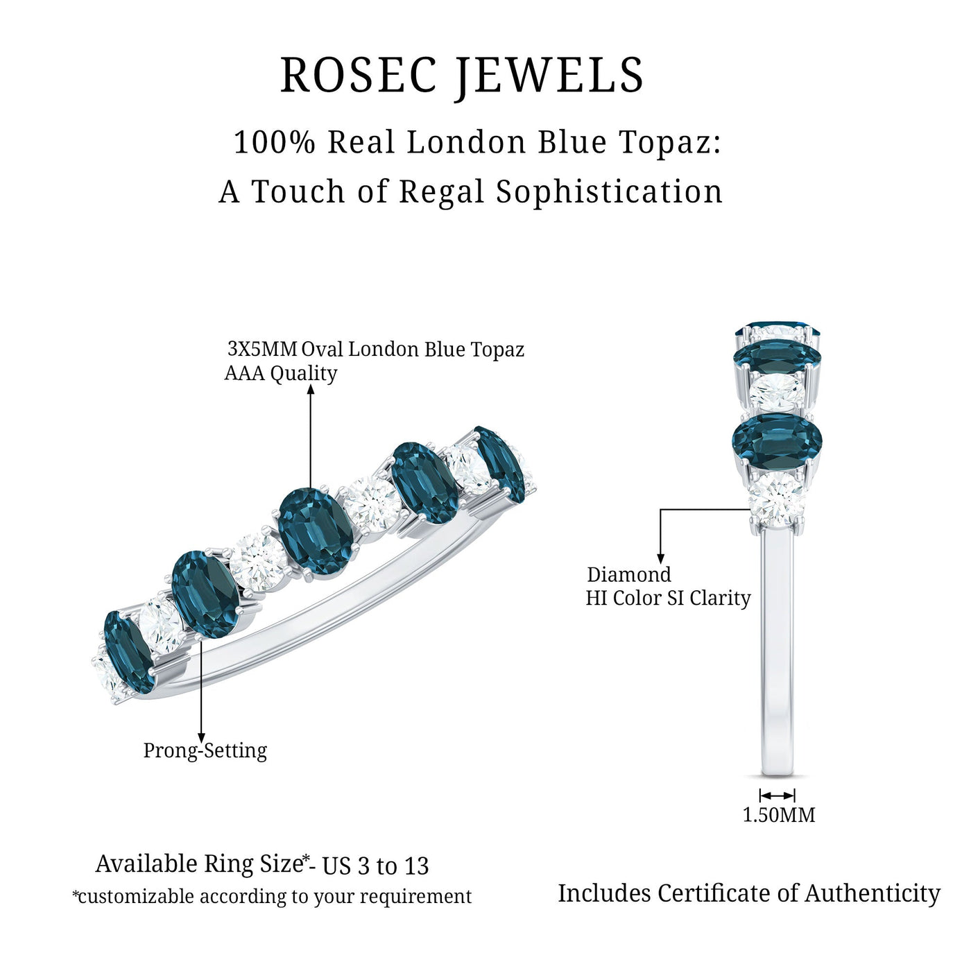 Oval London Blue Topaz Half Eternity Band Ring with Diamond Rosec Jewels