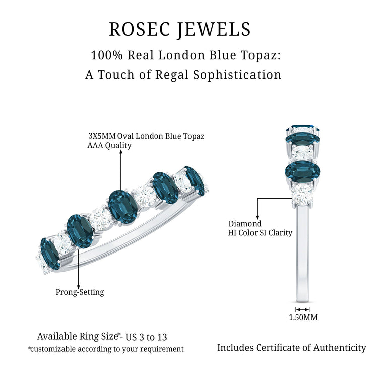 Oval London Blue Topaz Half Eternity Band Ring with Diamond Rosec Jewels