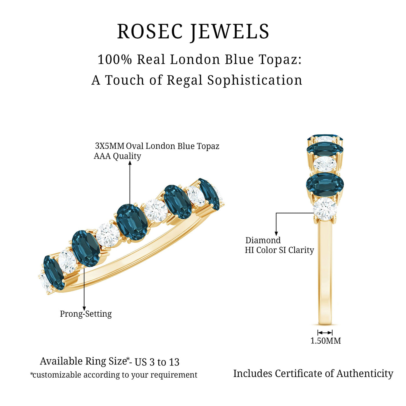 Oval London Blue Topaz Half Eternity Band Ring with Diamond Rosec Jewels