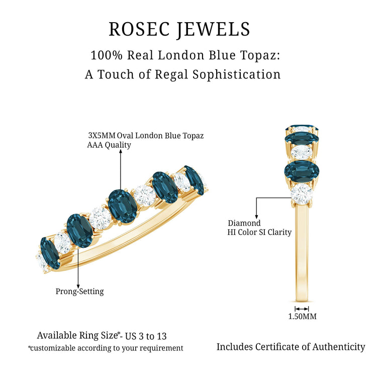 Oval London Blue Topaz Half Eternity Band Ring with Diamond Rosec Jewels