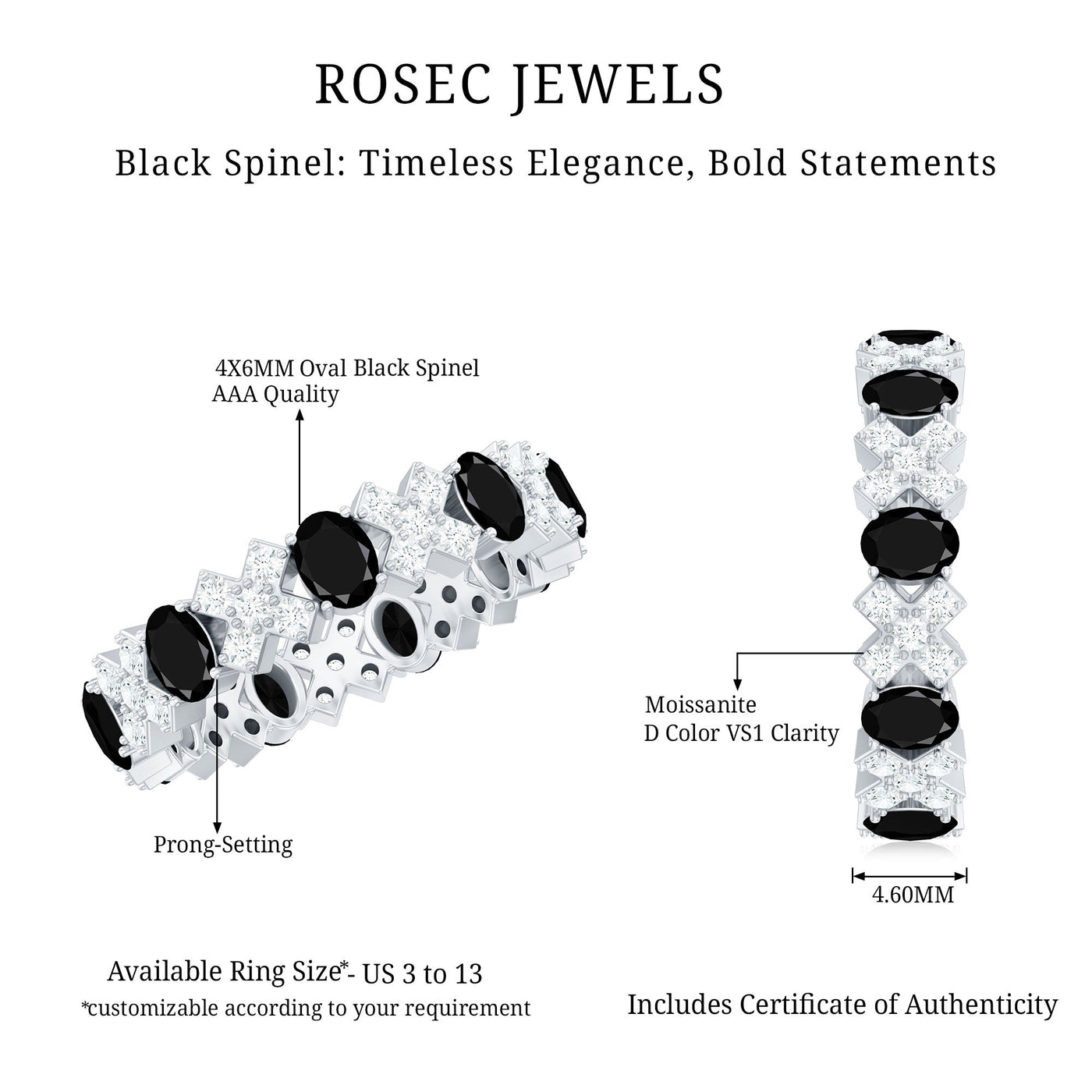 Certified Real Black Spinel Eternity Ring with Moissanite Rosec Jewels