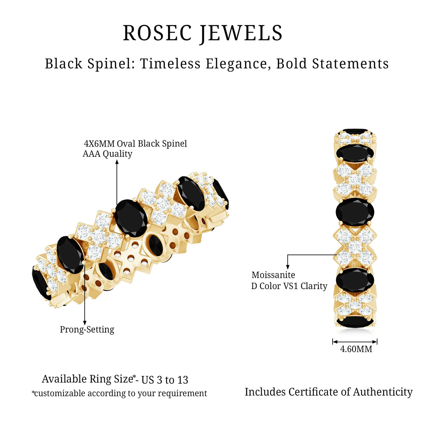 Certified Real Black Spinel Eternity Ring with Moissanite Rosec Jewels