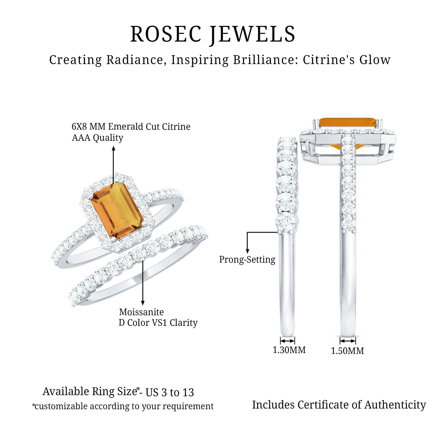 Emerald Cut Citrine Halo Engagement Ring with Moissanite Wedding Band Rosec Jewels