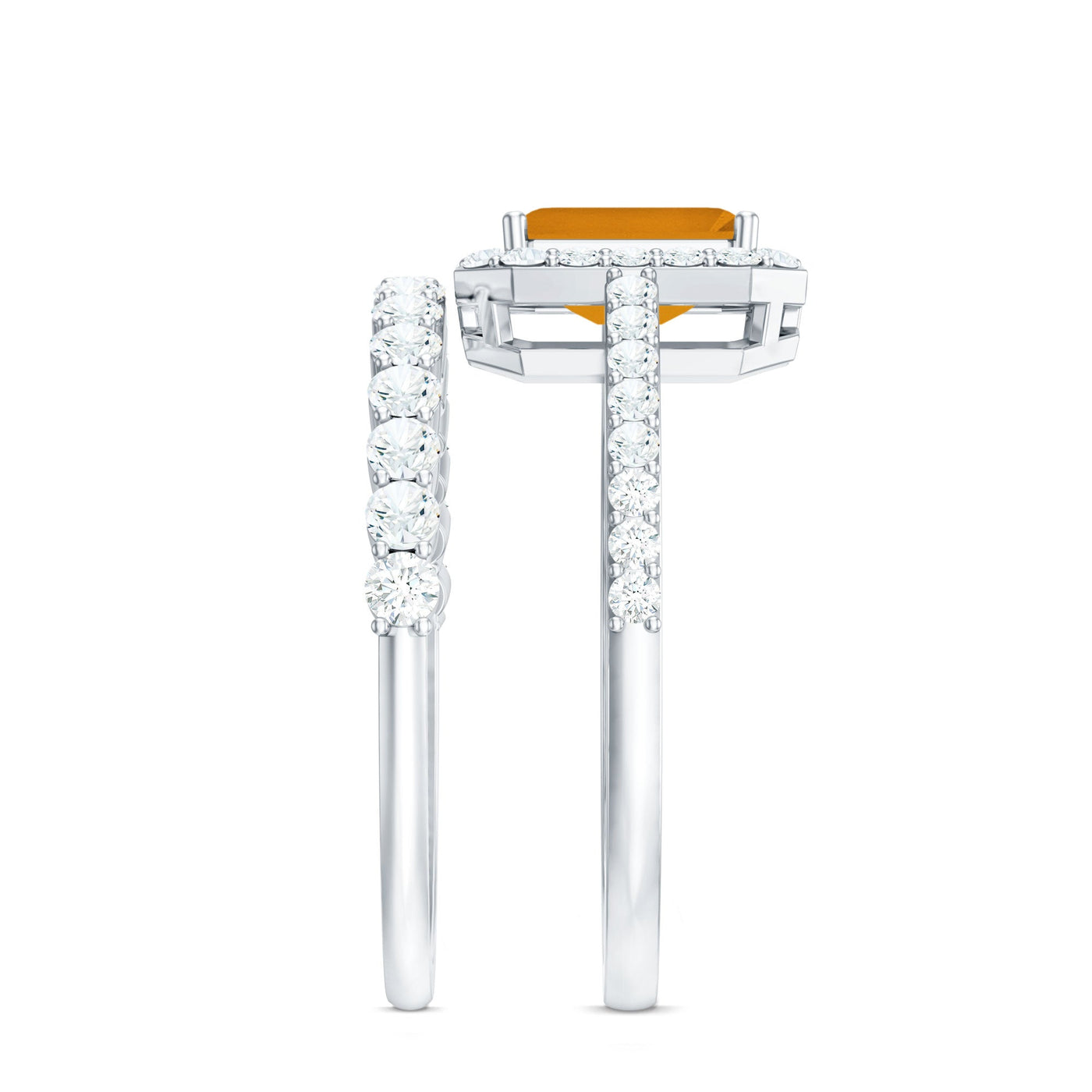 Emerald Cut Citrine Halo Engagement Ring with Moissanite Wedding Band Rosec Jewels